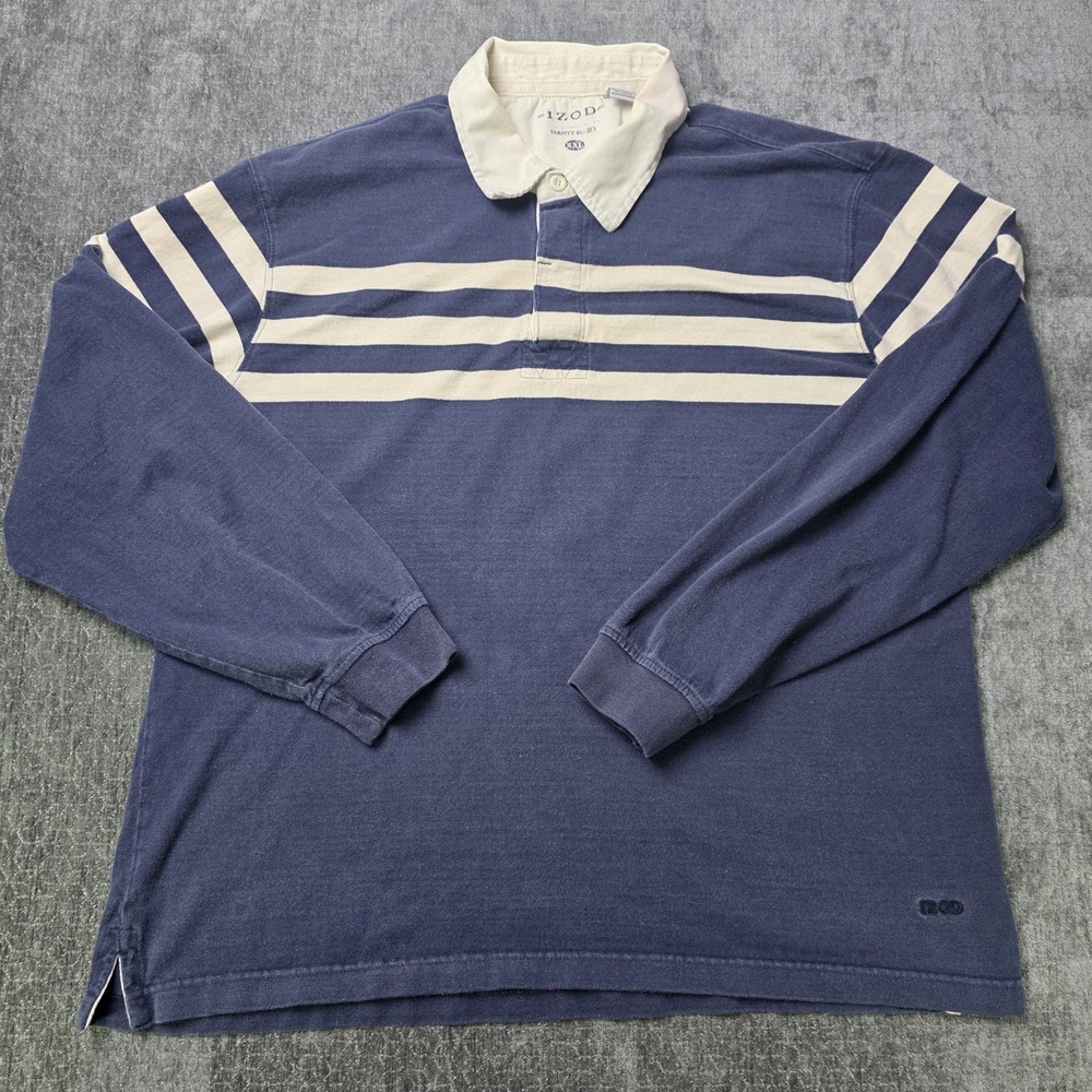 Izod Rugby Polo Shirt Mens XXL 2XL Navy Blue Striped Cotton Vtg Y2K Preppy Kanye